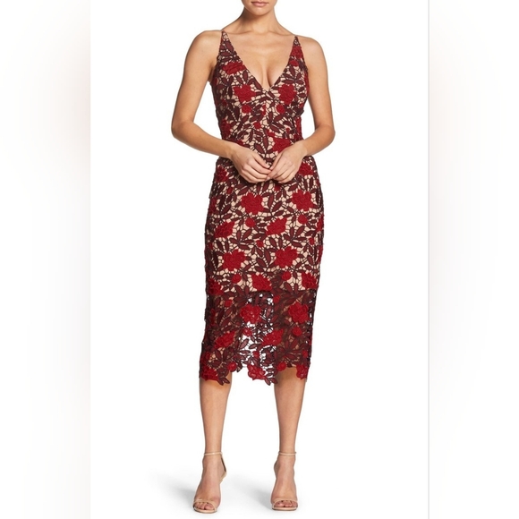 DRESS the POPULATION Red Nude Floral Embroidered Sheer Lace Cocktail Midi Size S